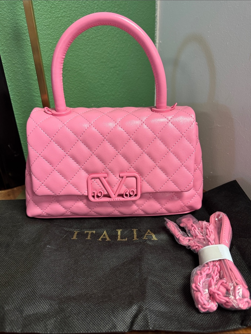 Valentino Pink Quilted Top-Handle Satchel with V Logo